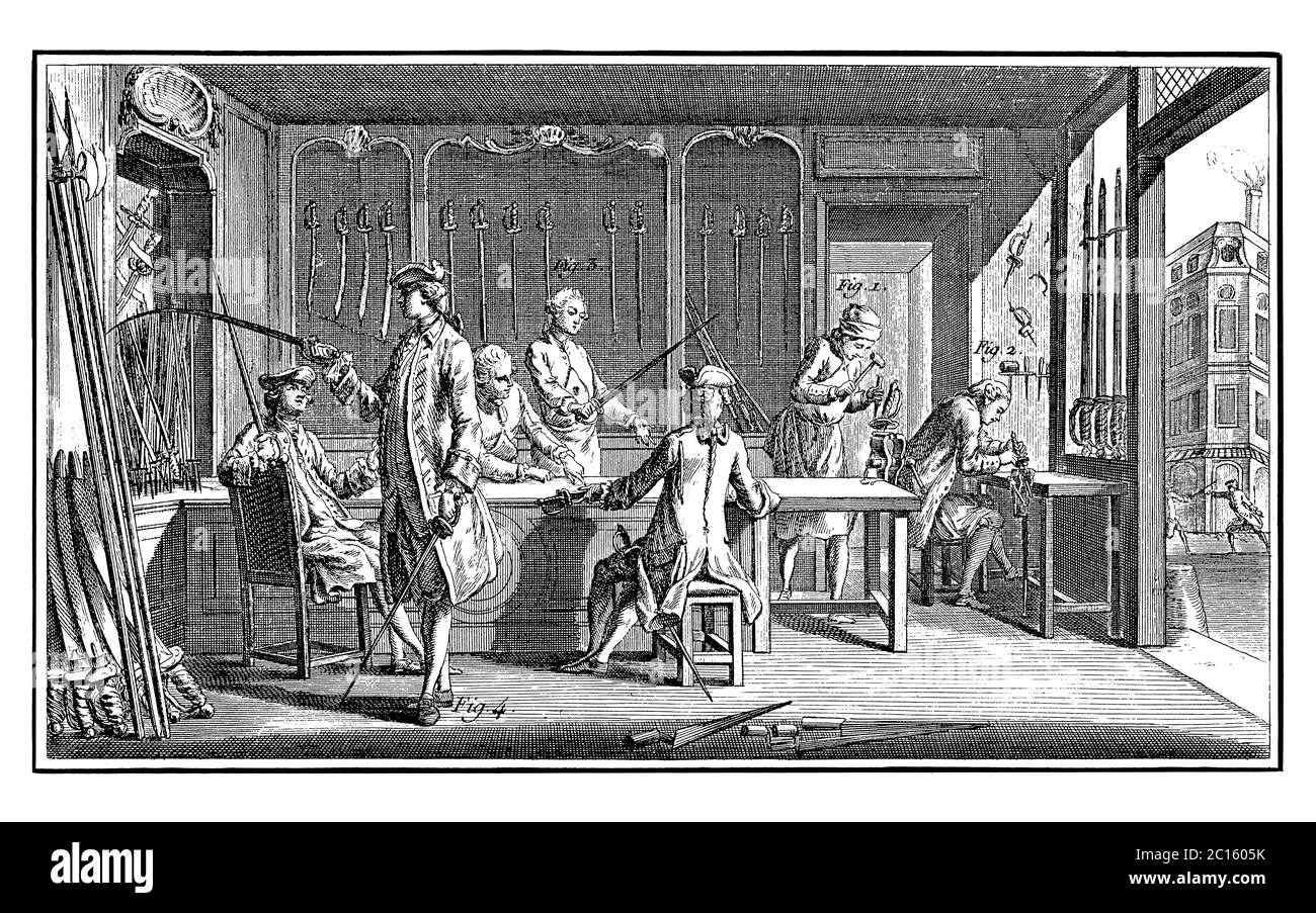 18th century illustration of swordmakers' worksop. Published in 'A Diderot Pictorial Encyclopedia of Trades and Industry. Manufacturing and the Techni Stock Photo