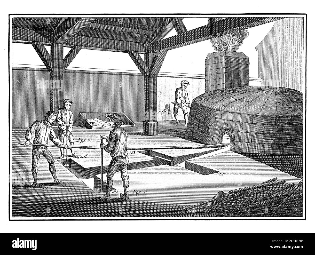 18th century illustration of tapping melted alloy for bells casting. Published in 'A Diderot Pictorial Encyclopedia of Trades and Industry. Manufactur Stock Photo