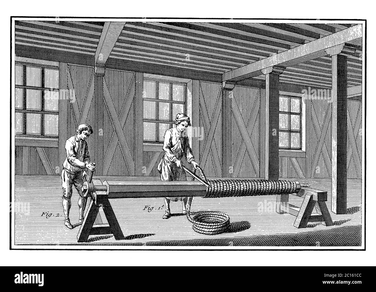 18th century illustration of how workmen are winding thick rope onto the core, which will serve as foundation for modeling the clay. Published in 'A D Stock Photo