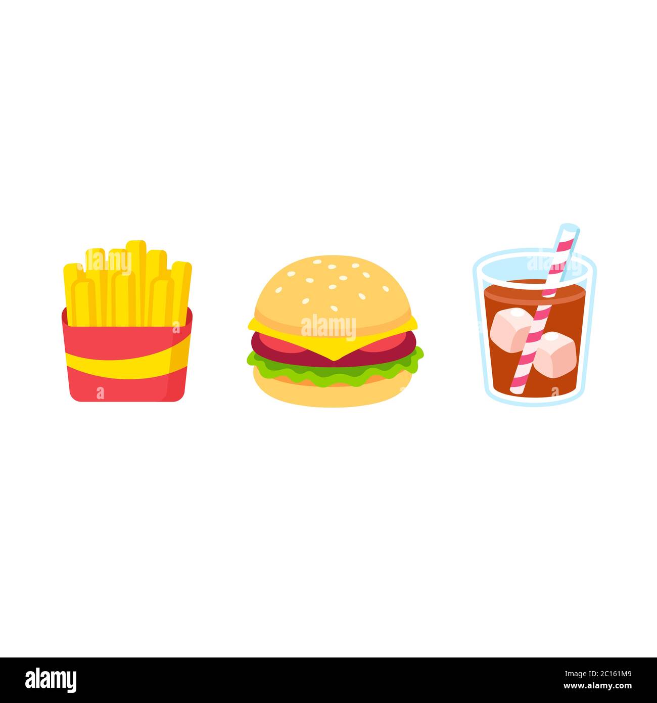 Cartoon fast food icon set. French fries, burger and glass of soda drink. Simple and colorful vector clip art illustration. Stock Vector