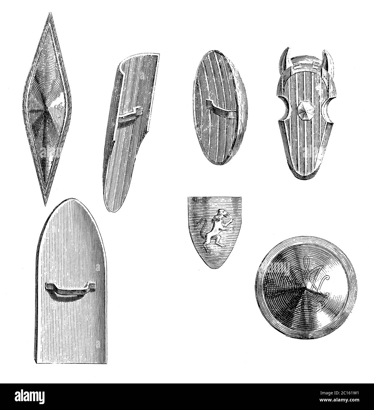 18th century illustration of various types of shields, horses' helmet and coat of arms. Published in 'A Diderot Pictorial Encyclopedia of Trades and I Stock Photo
