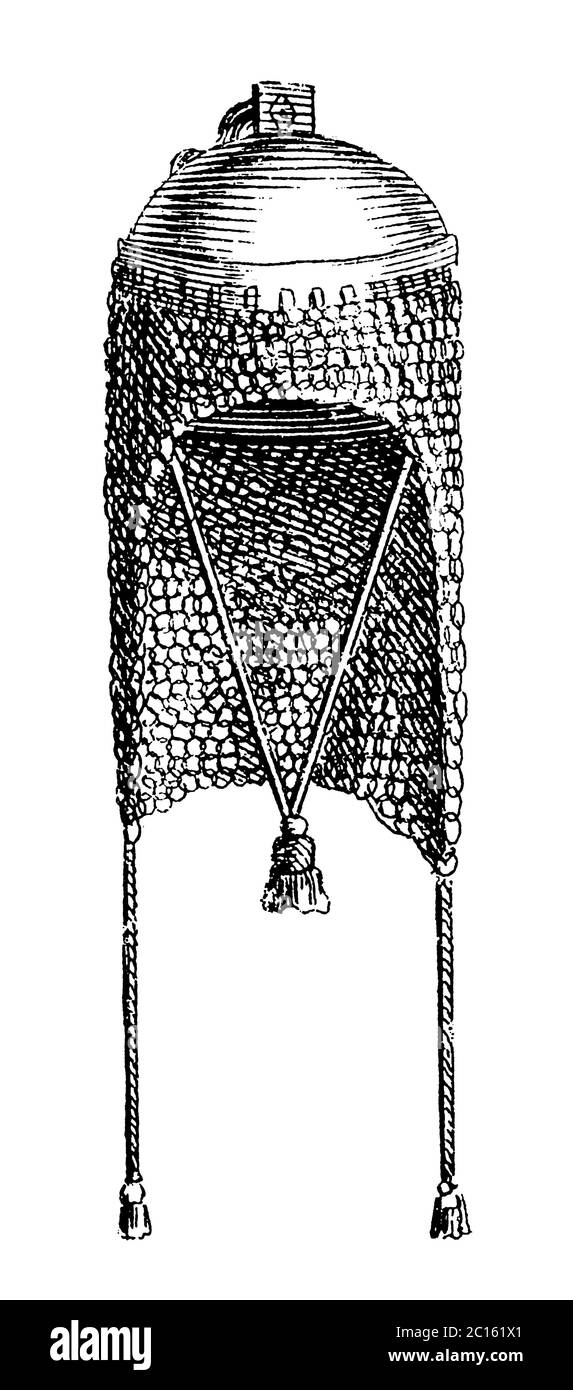 18th century illustration of a chain mail bonnet worn under helmet. Published in 'A Diderot Pictorial Encyclopedia of Trades and Industry. Manufacturi Stock Photo