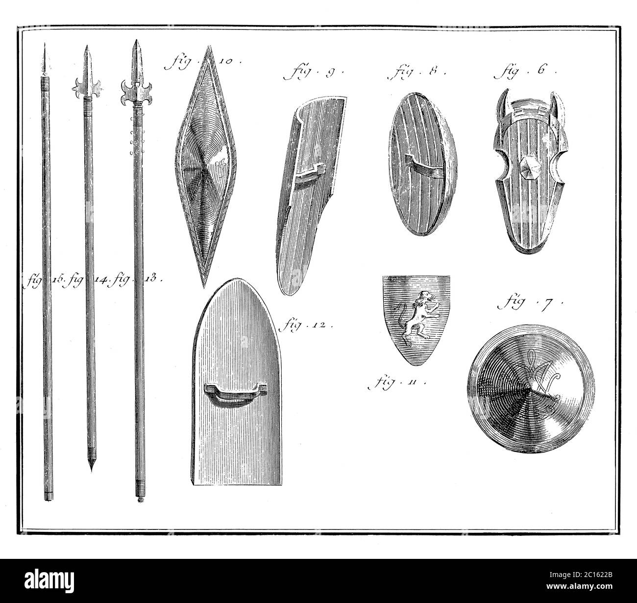18th century illustration of medieval armor - spears, shields, horses' helmet. Published in 'A Diderot Pictorial Encyclopedia of Trades and Industry. Stock Photo