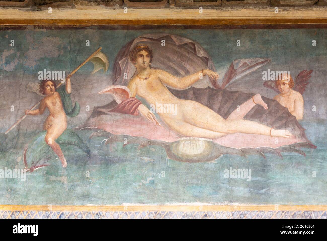 Magnificent fresco painting of the goddess Venus, protectress of Pompeii in the House of Venus in the Shell, Cassa della Venere in Conchiglia. Pompeii Stock Photo