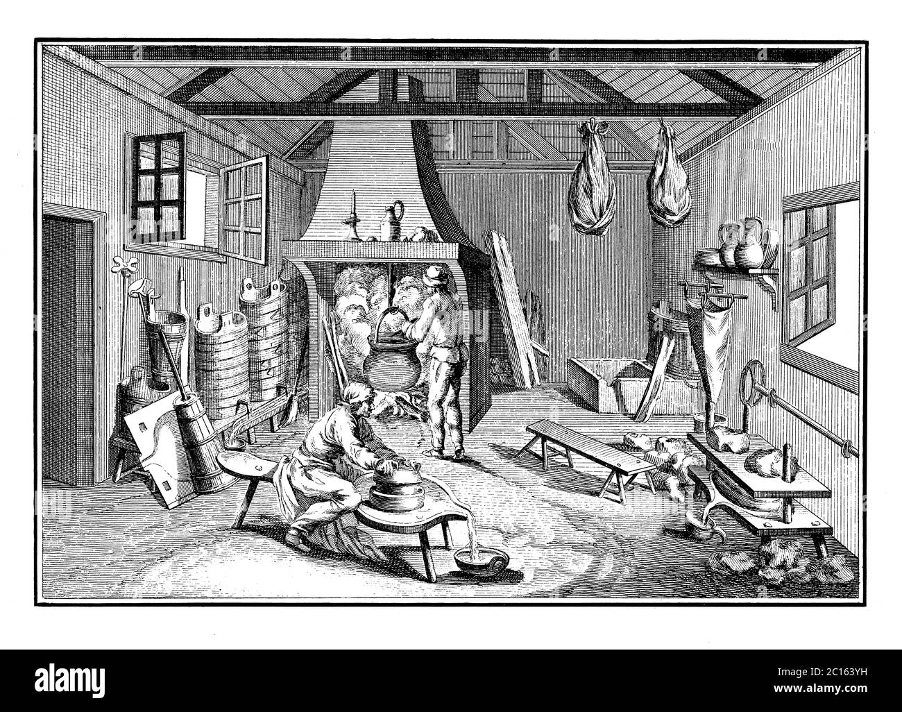 18th century illustration of a cheese-making. Published in 'A Diderot Pictorial Encyclopedia of Trades and Industry. Manufacturing and the Technical A Stock Photo