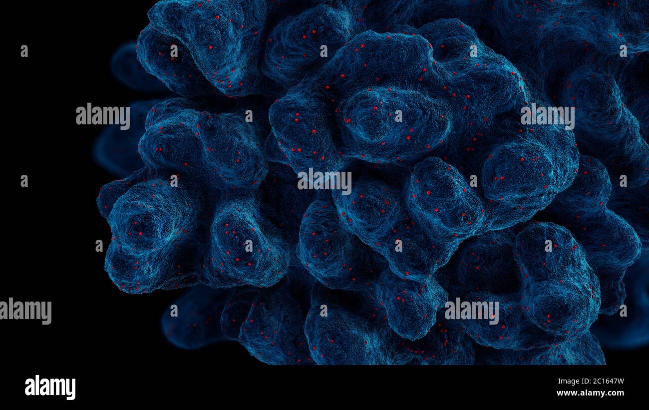 Cell infected with virus particles causing cell death- 3d illustration Stock Photo