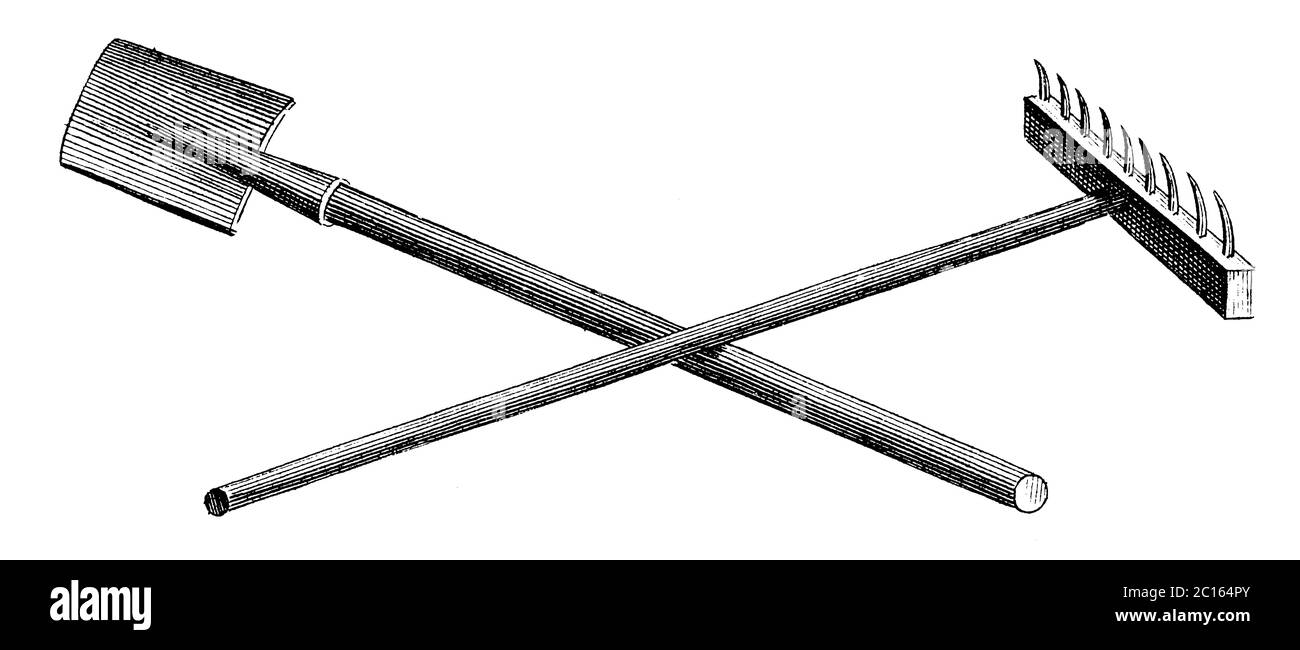 18th century illustration of rake and hoe. Published in 