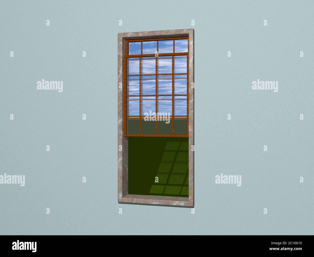 Open sash window from powder blue wall viewing outside lawn with cloudy ...