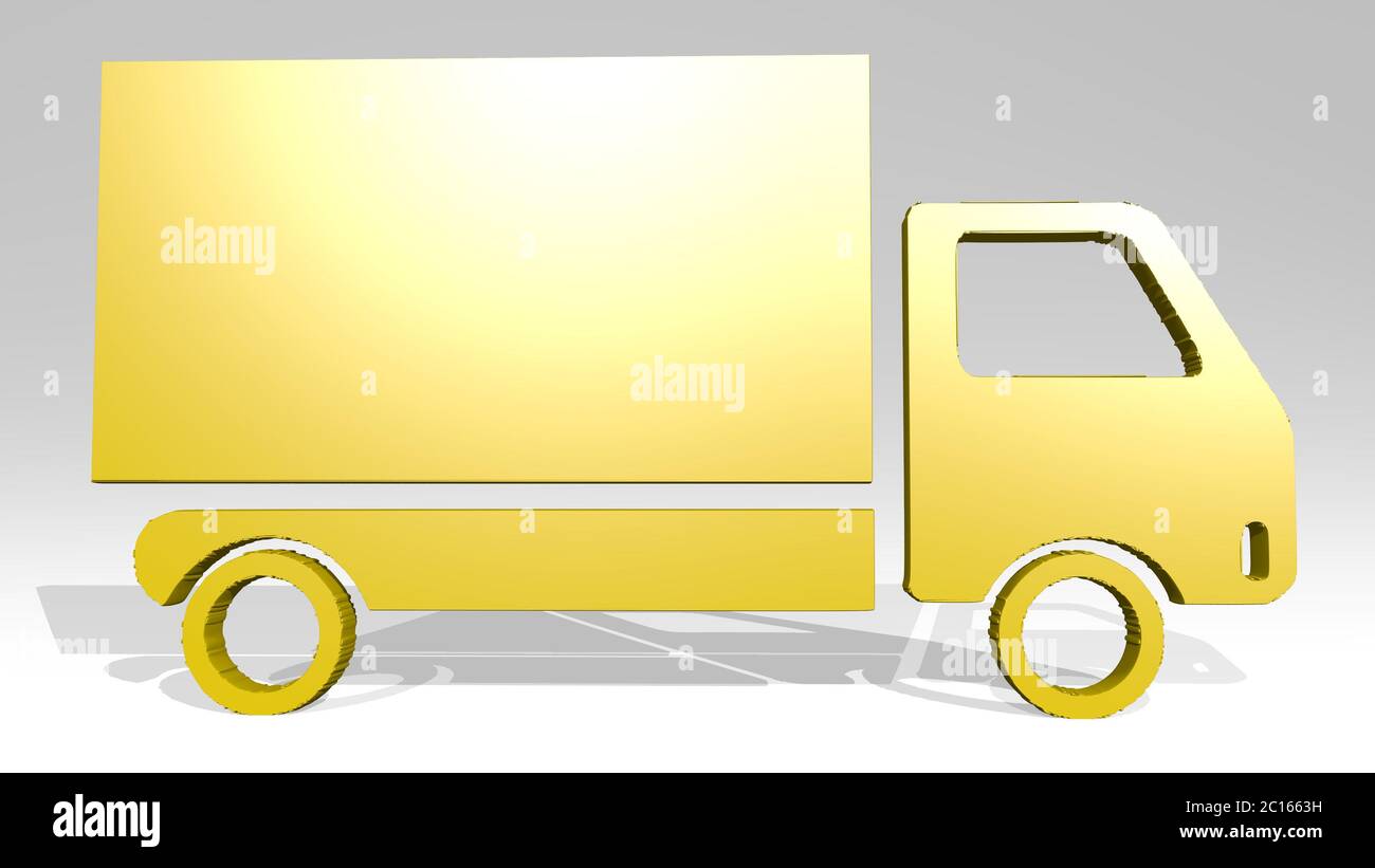 lorry truck on the wall. 3D illustration of metallic sculpture over a ...