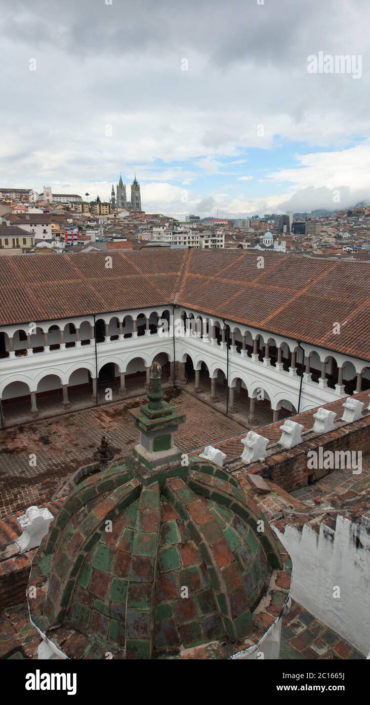 Quito, Pichincha / Ecuador - July 30 2018: Aerial view of the inner courtyard of the church and convent of La Merced. Its construction began at the be Stock Photo