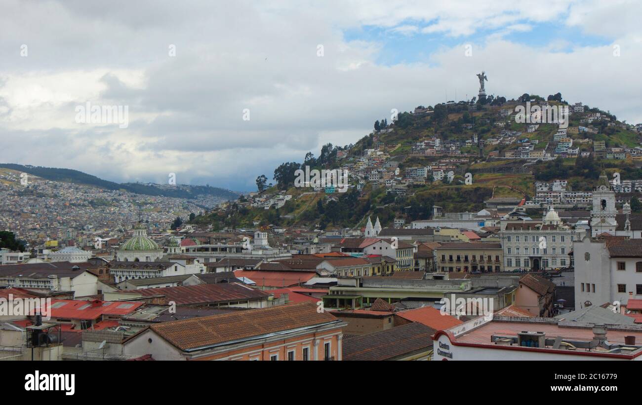 Quito, Pichincha / Ecuador - July 30 2018: Panoramic view of the historic center of Quito from the La Merced church on a cloudy day Stock Photo