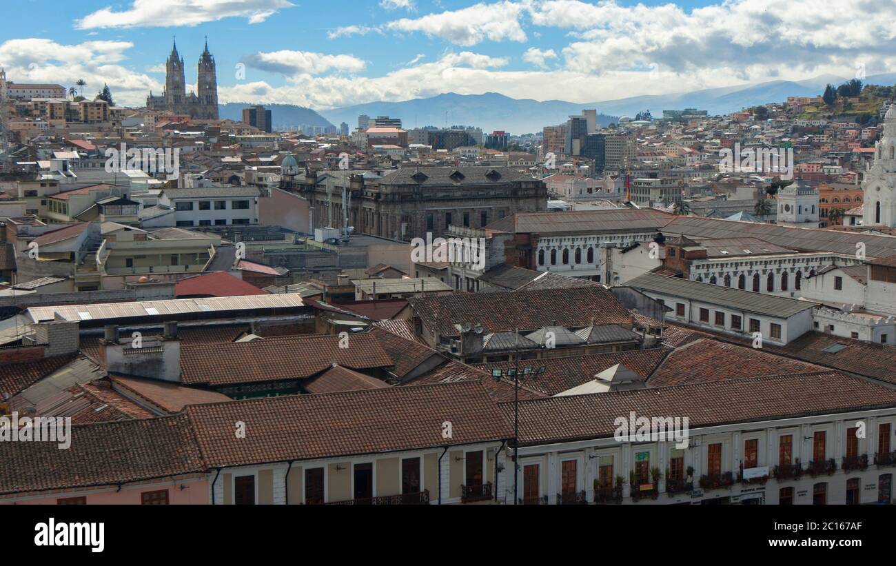 Panoramic view of the historic center of Quito with the modern area of the city in the background on a cloudy afternoon Stock Photo