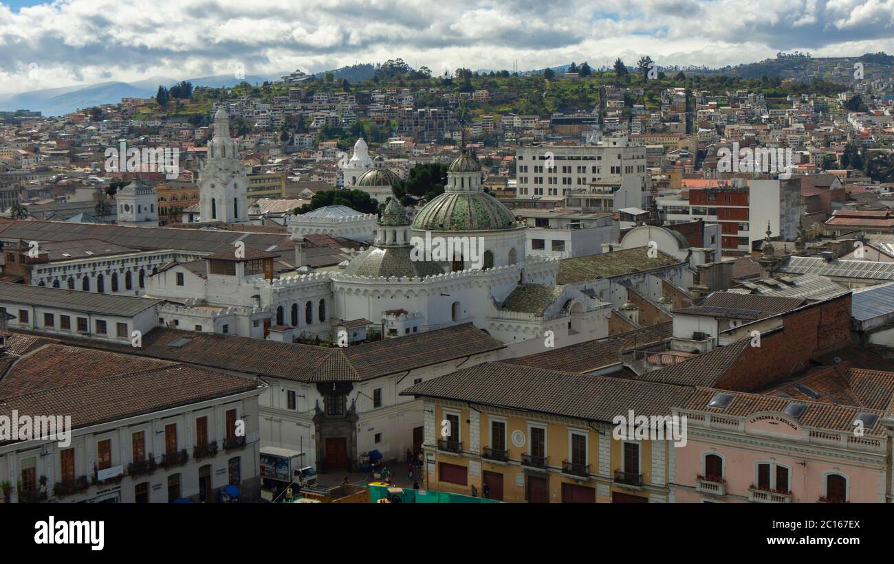 Quito, Pichincha / Ecuador - July 21 2018: Panoramic view of the domes of the La Compañía de Jesús church during a cloudy afternoon Stock Photo