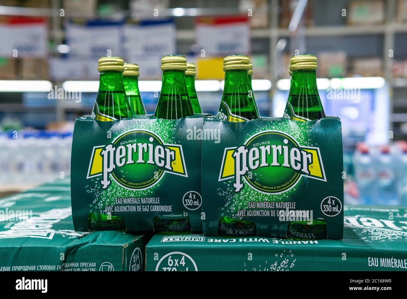 Tyumen, RussiaJune 09, 2020 Perrier mineral water bottles on display