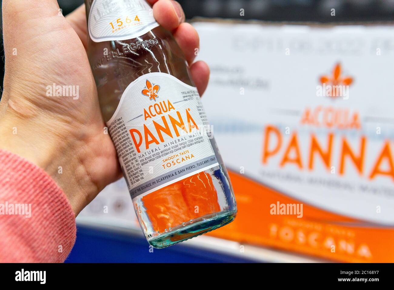 Tyumen, RussiaJune 05, 2020 Acqua Panna Toscana Italia bottles. Acqua