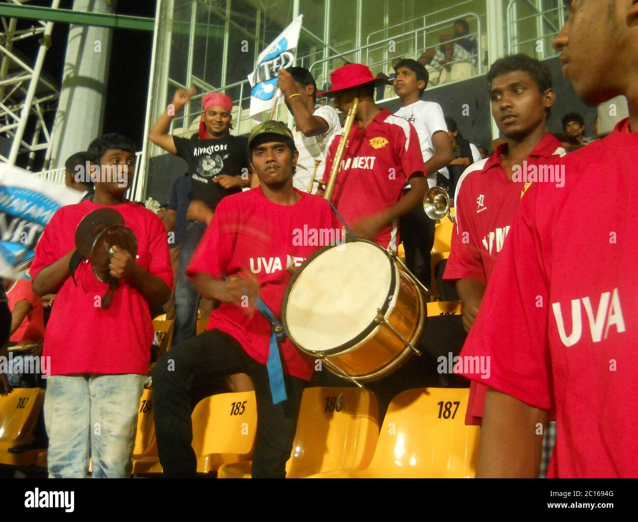 Fans enjoying and supporting their team UVA Next, during the 1st Sri Lanka Premier League (SLPL) in 2012. UVA Next were the champions of the League. R Stock Photo