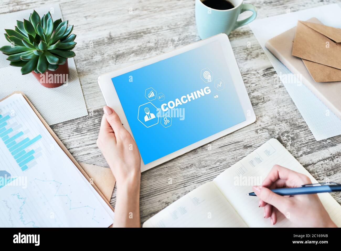 Coaching and mentoring concept on screen. Self development and personal ...