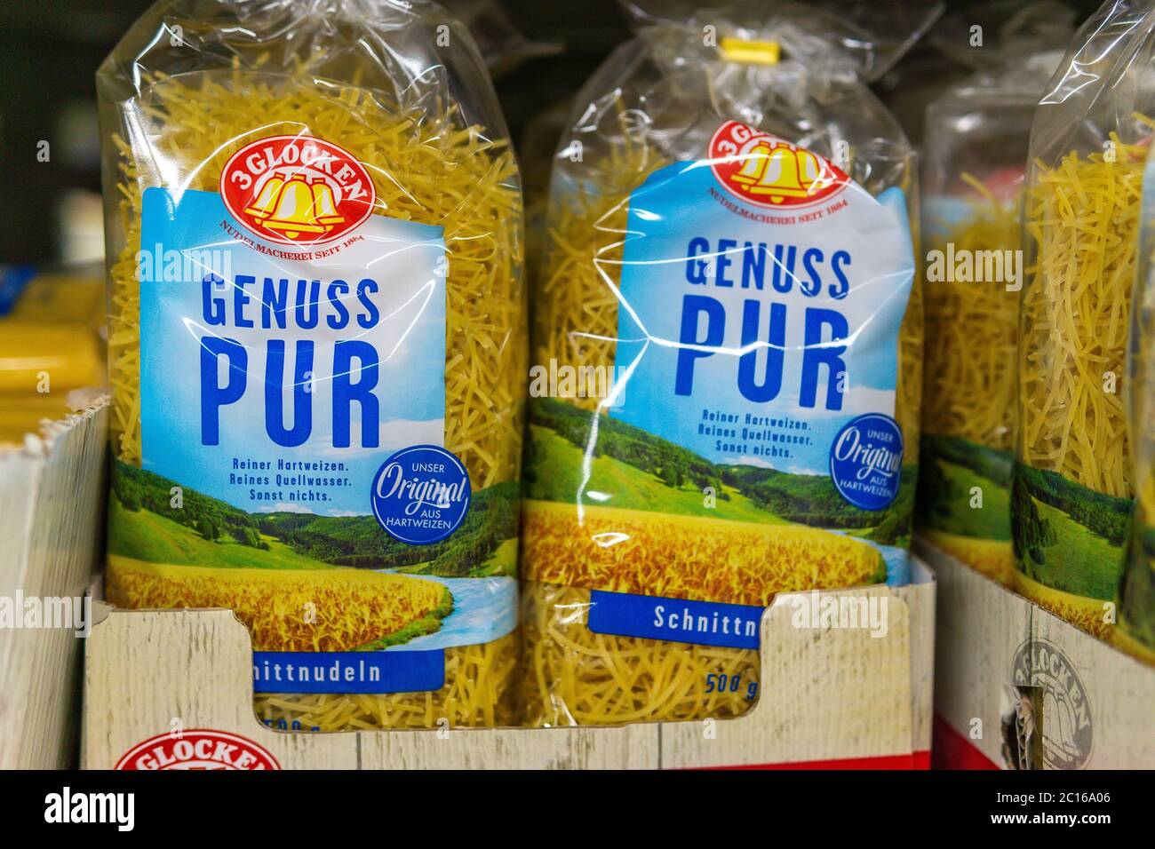 Tyumen, Russia-June 05, 2020: Italian macaroni genuss pur on the shelves of the metro hypermarket Stock Photo