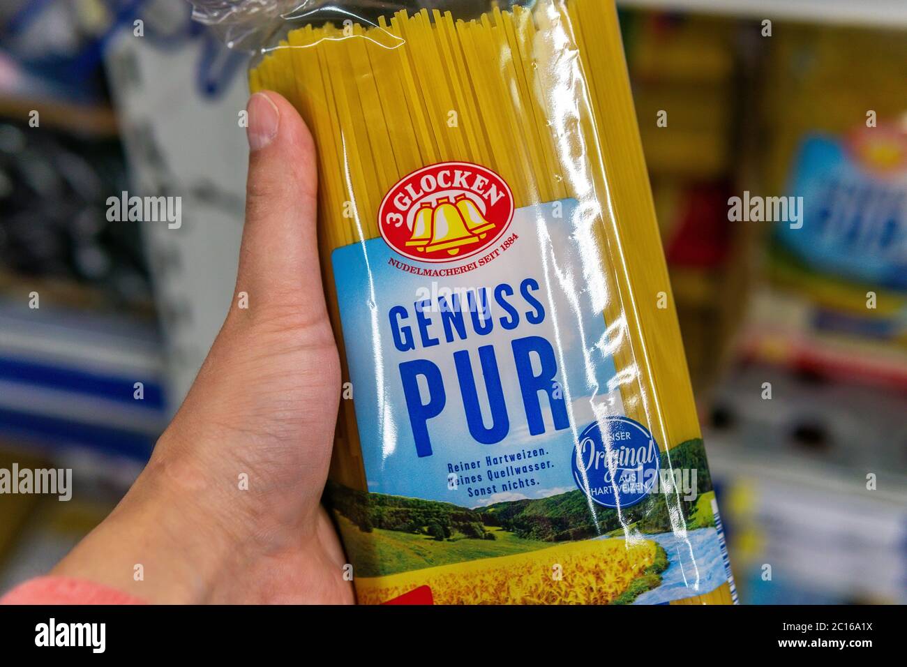 Tyumen, Russia-June 05, 2020: Italian Macaroni 3 Glocken Noodles, on the shelves of a hypermarket, grocery store Stock Photo