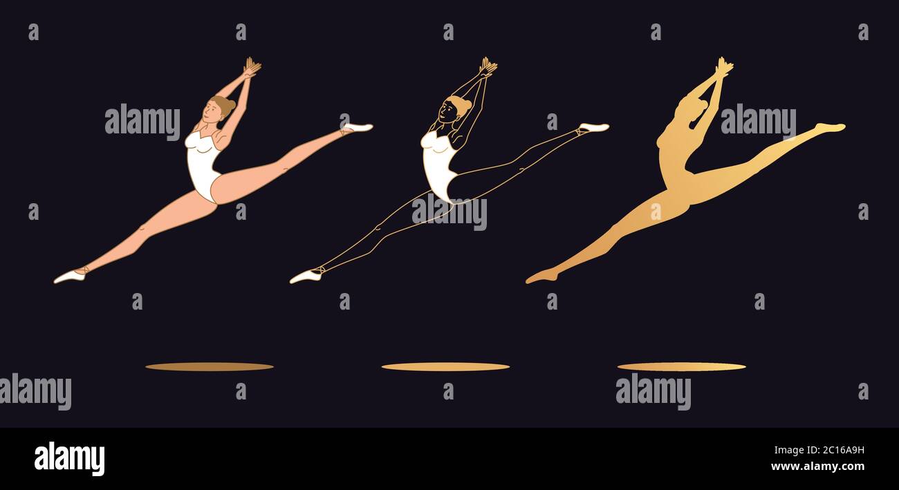 Golden ballerina woman in outline style. Set of silhouette, Ballet dancer performs jump and soars with twine in the air. Ballet posture and posing, da Stock Vector