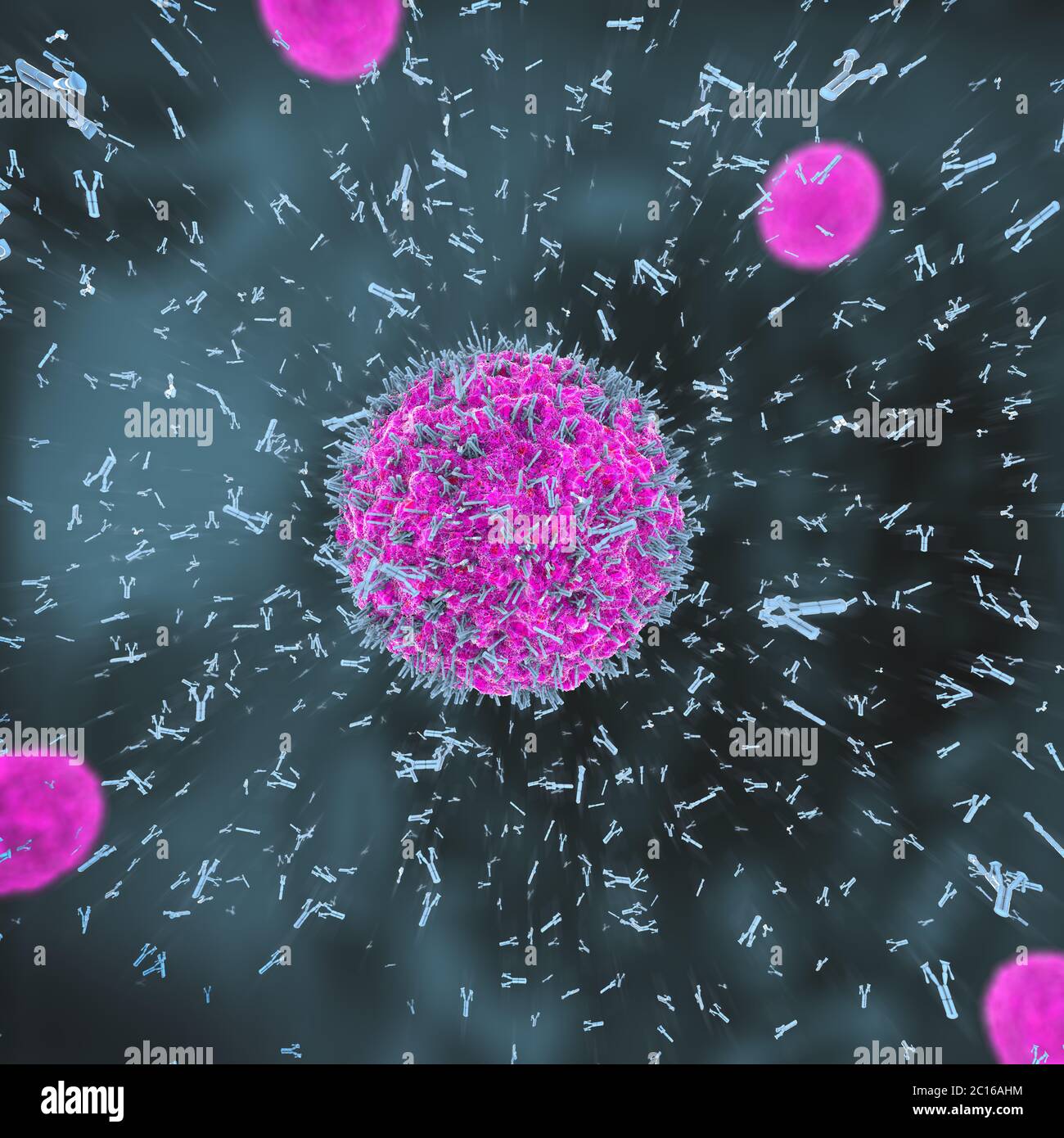 3d illustration of antibodies attacking virus cell into the bloodstream