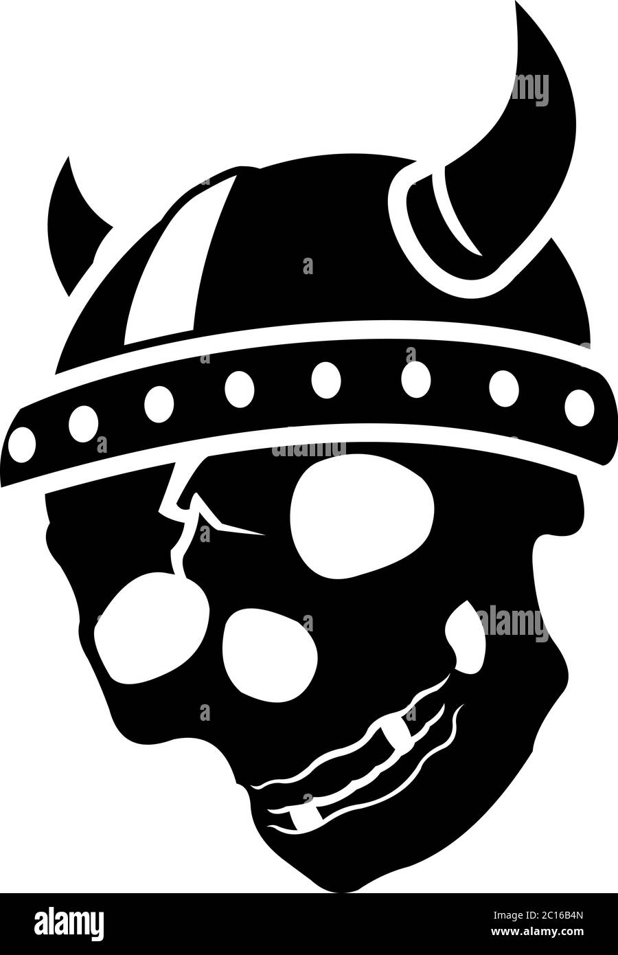 Stylized black cracked skull in viking helmet with horns on white Stock Vector