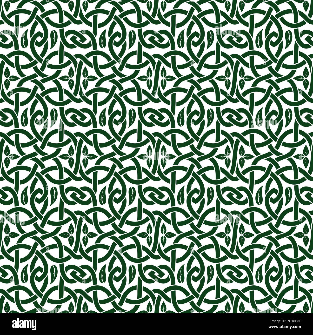 illustration with seamless green floral celtic pattern with leaves on white background Stock Vector