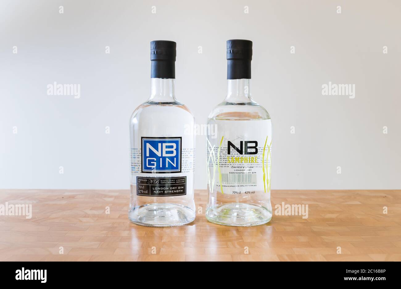 North Berwick or NB gin brand bottles: NB navy strength gin and NB samphire gin Stock Photo