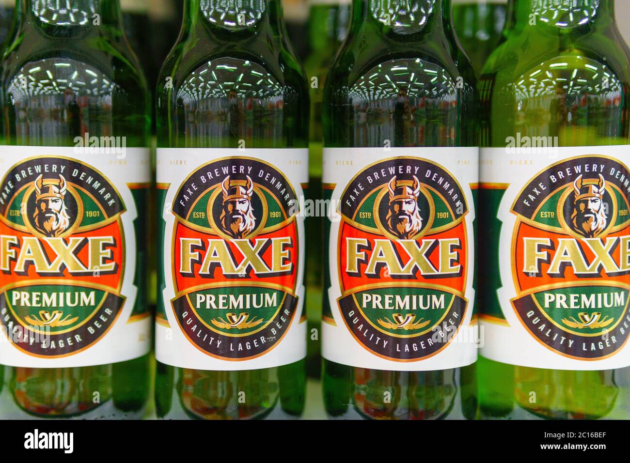 Tyumen, Russia-June 5, 2020: Faxe beer cans on shelves in a supermarket.  Faxe Brewery is a Danish brewery Stock Photo - Alamy