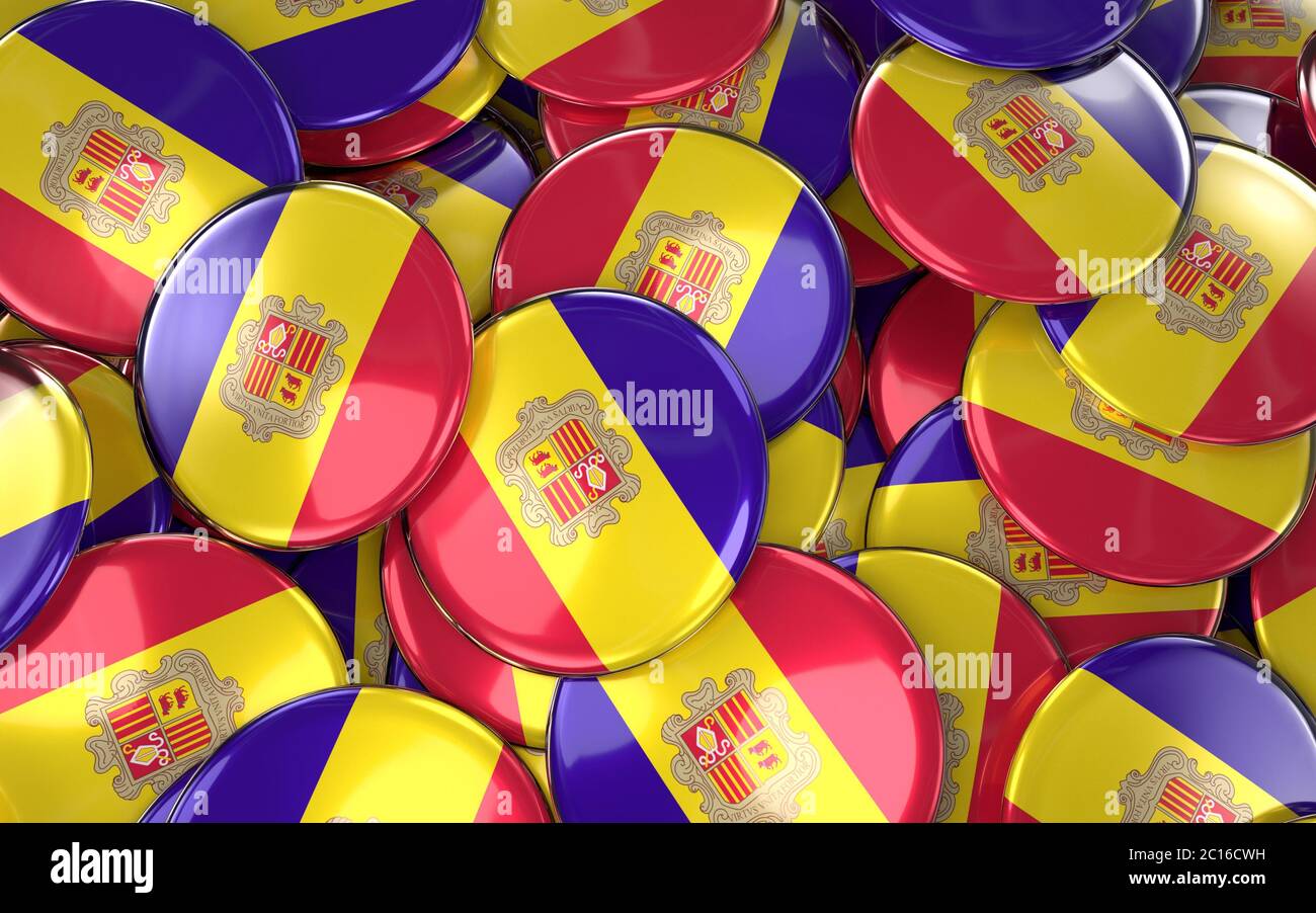 Andorra Badges Background - Pile of Andorran Flag Buttons. Stock Photo