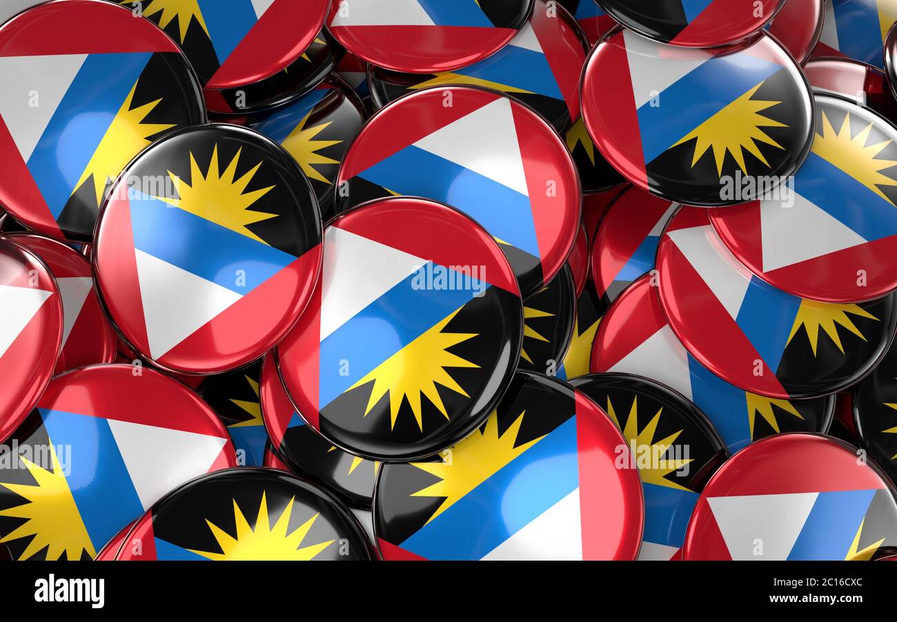 Antigua and Barbuda Badges Background - Pile of Antiguan Flag Buttons. Stock Photo