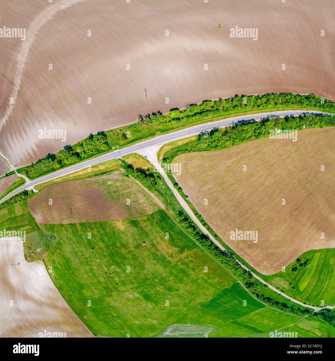 Rural landscape. Aerial view, Skyview of the countryside. View of plowed and green fields in spring. Panorama from 9 images Stock Photo