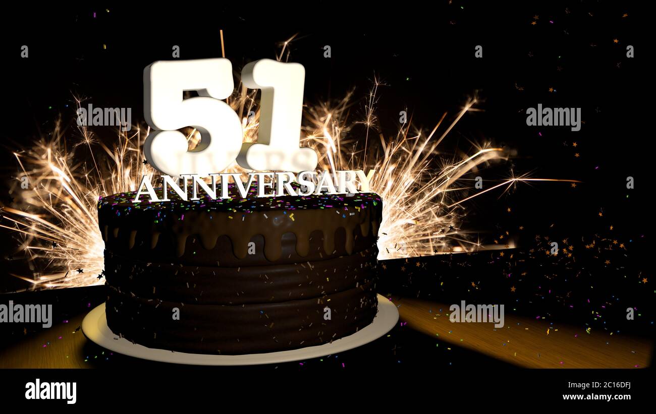 Anniversary 51 card. Round chocolate cake decorated with dragees of blue, red, yellow, green color with white numbers on a wooden table Stock Photo