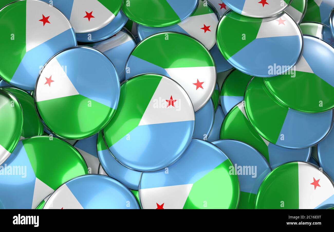 Djibouti Badges Background - Pile of Djiboutian Flag Buttons. Stock Photo