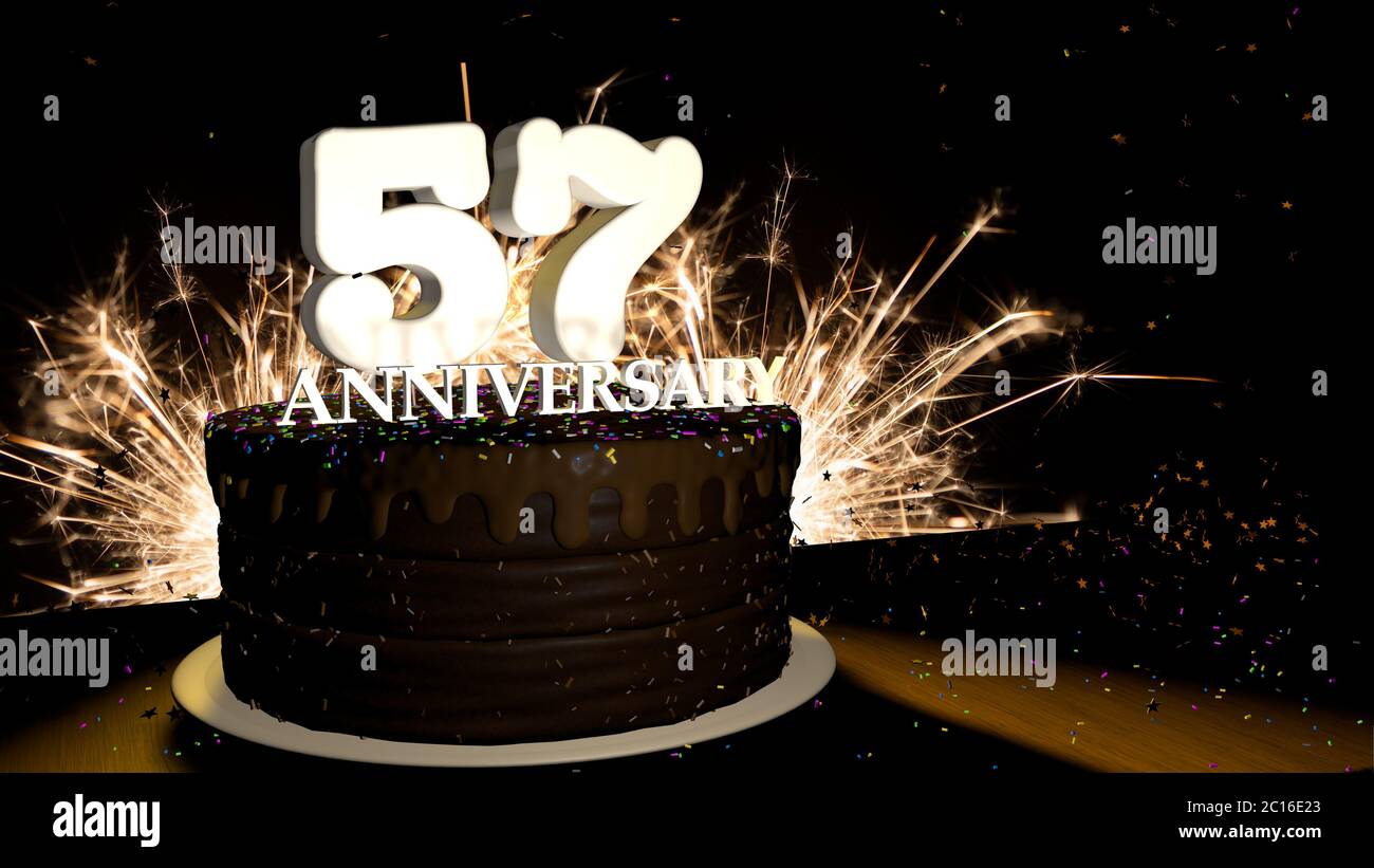 Anniversary 57 card. Round chocolate cake decorated with dragees of blue, red, yellow, green color with white numbers on a wooden table Stock Photo