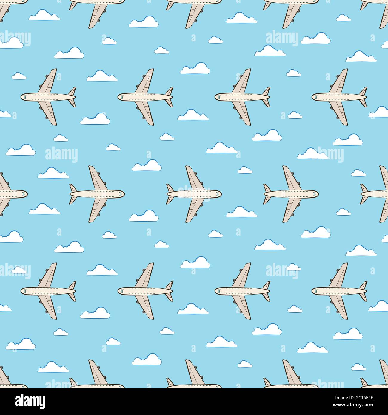 Seamless pattern with planes and clouds on blue background. Cute vector illustration flat style design for invitations, prints, wrapping paper, greeti Stock Vector