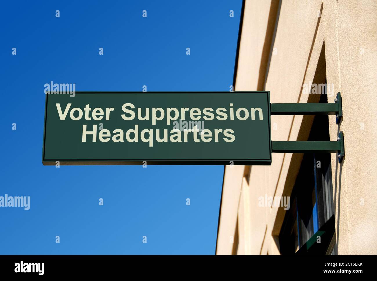Fictional sign illustrates voter suppression efforts. Stock Photo