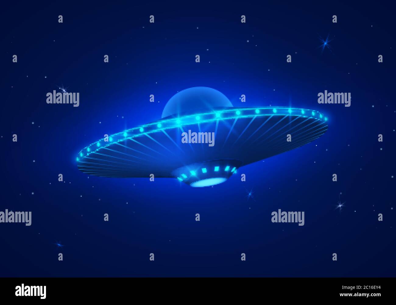 UFO in dark blue night sky. Vector illustration Stock Vector