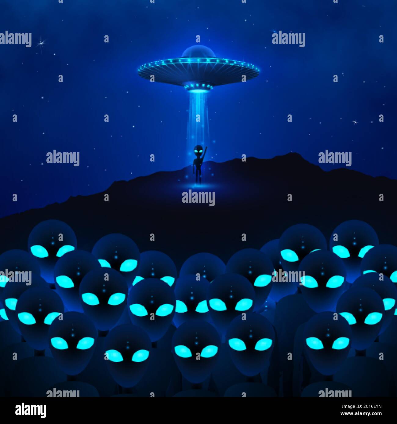 UFO with ray of light fly in night sky and group angry aliens with green eyes. alien invasion. Sci-fi concept. Vector illustration Stock Vector