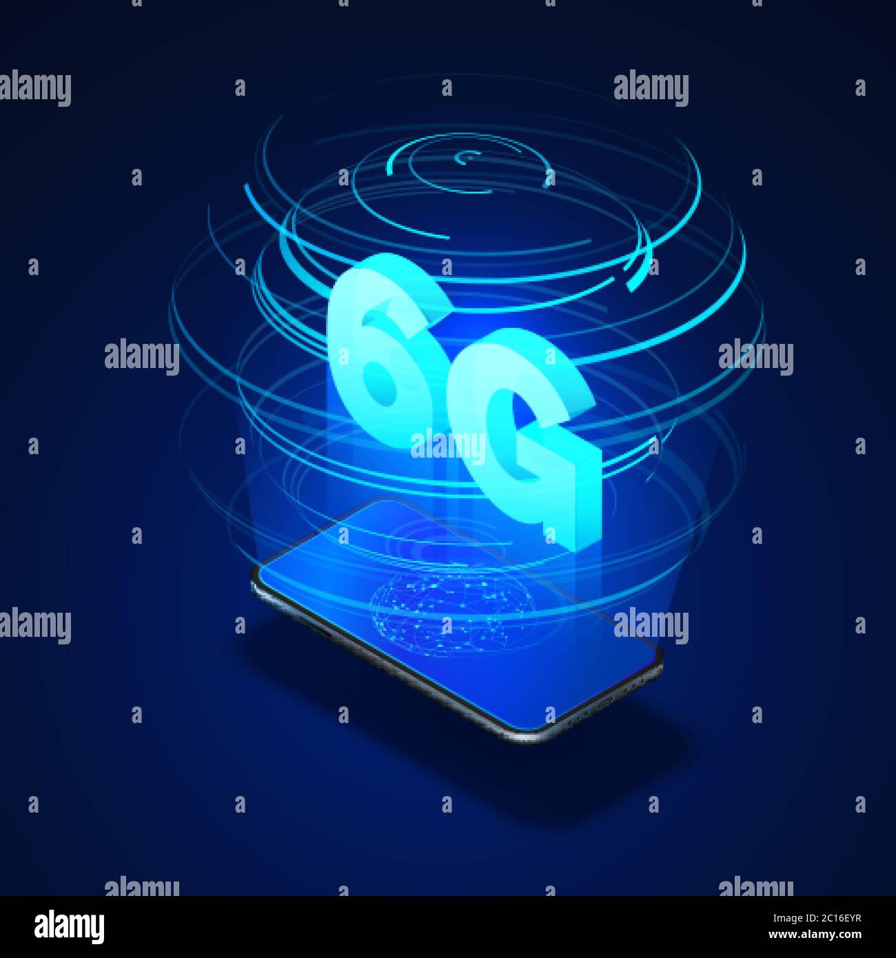 6g fast mobile networks. Mobile phone with global network on screen and hologram of wireless networks with isometric text 6G inside. Vector illustrati Stock Vector