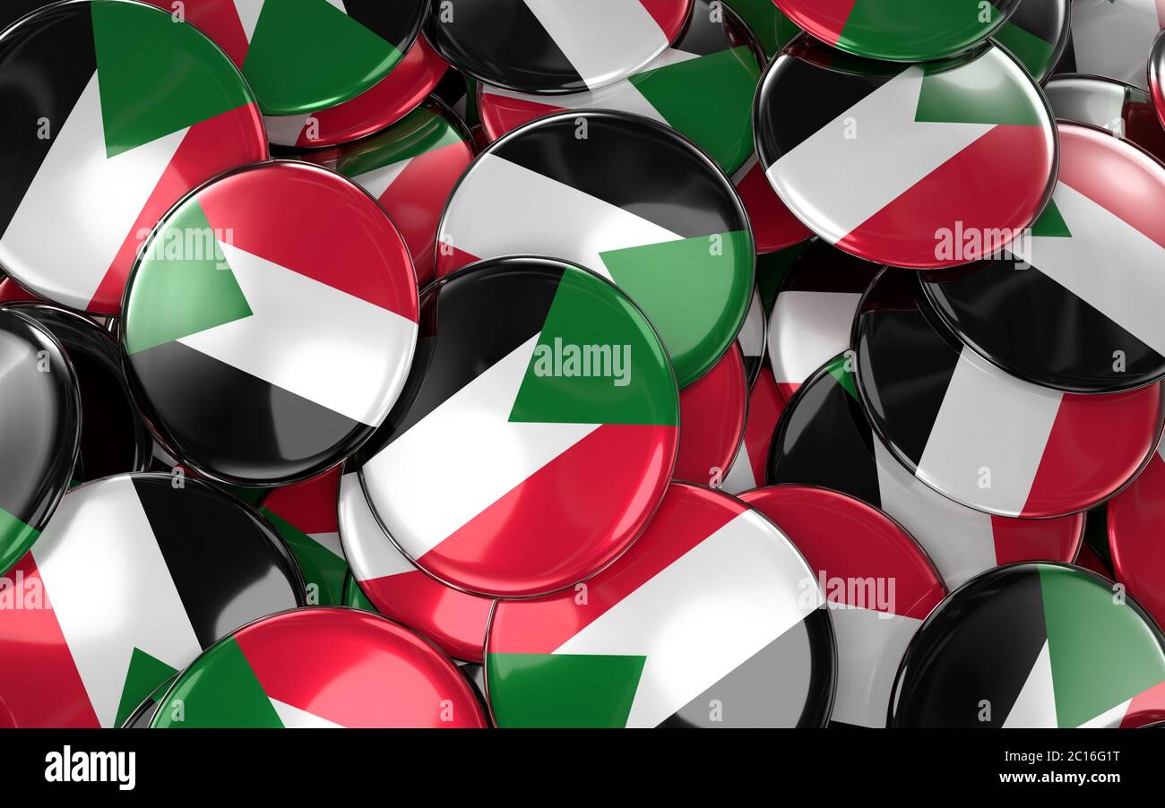 Sudan Badges Background - Pile of Sudanese Flag Buttons. Stock Photo