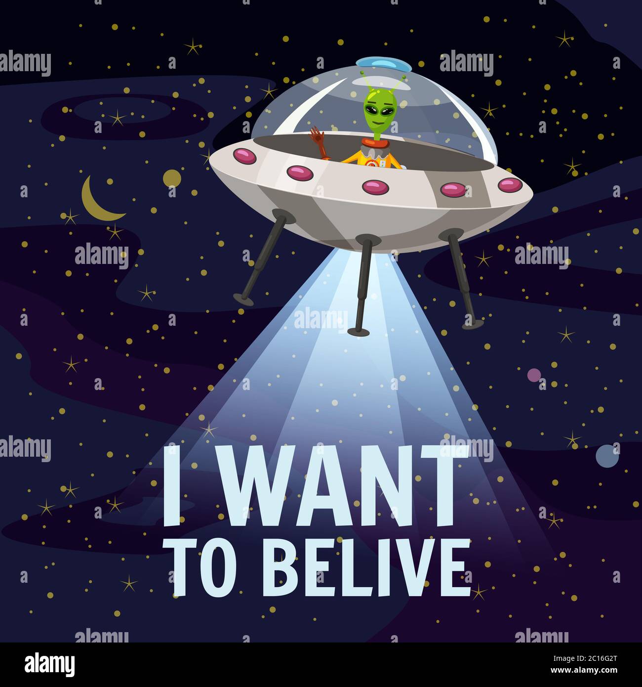 Ufo poster. I want to belive. Flying saucer, alien, cartoon style Stock Photo