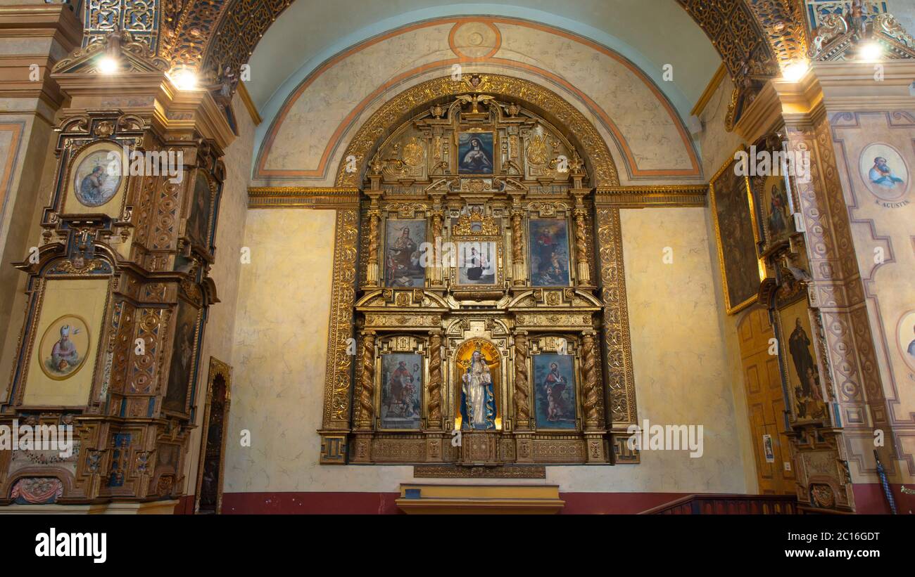 Quito, Pichincha / Ecuador - November 1 2019: Front view of the altar of the Church and Convent of the Immaculate Conception, located next to the pres Stock Photo