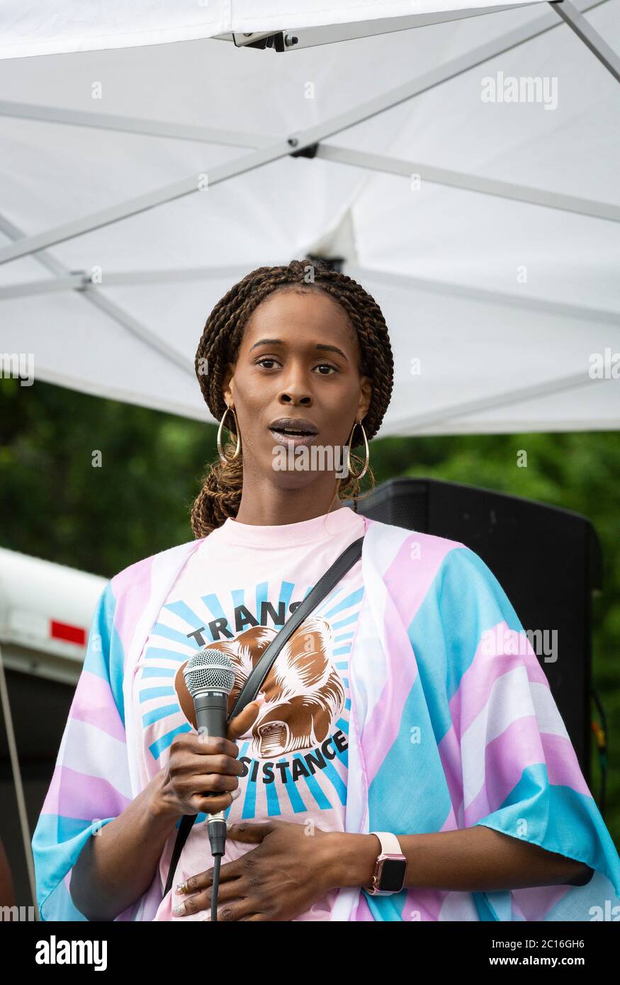 June 13, 2020. Roxbury, MA. Chastity Bowick, executive director of the Transgender Emergency Fund of Massachusetts. Thousands gathered in Franklin Par Stock Photo