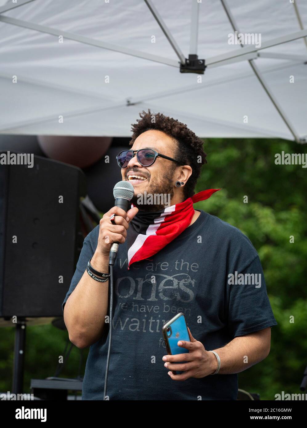 June 13, 2020. Roxbury, MA. Tre’Andre Valentine Executive Director of Massachusetts Transgender Political Coalition Thousands gathered in Franklin Par Stock Photo