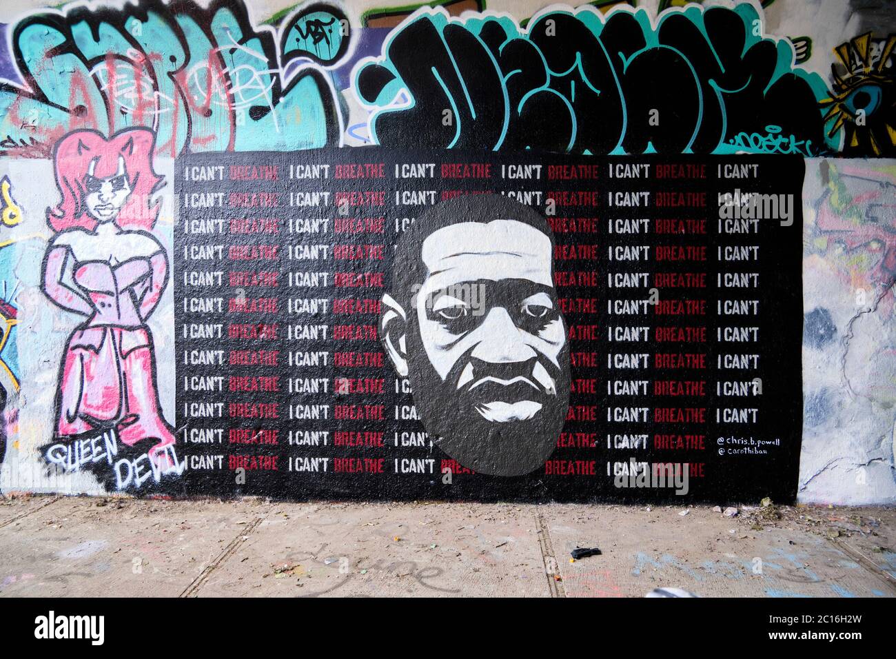 Montreal, Quebec, Canada. June 14th, 2020. New George Floyd “I can't breathe” mural appearing in the Rouen legal graffiti wall in the East end of Montreal. The art follows weeks of Black Lives matters protests around the world. The art was created by Christopher Powell and Caroline Thibault. Credit: meanderingemu/Alamy Live News Stock Photo