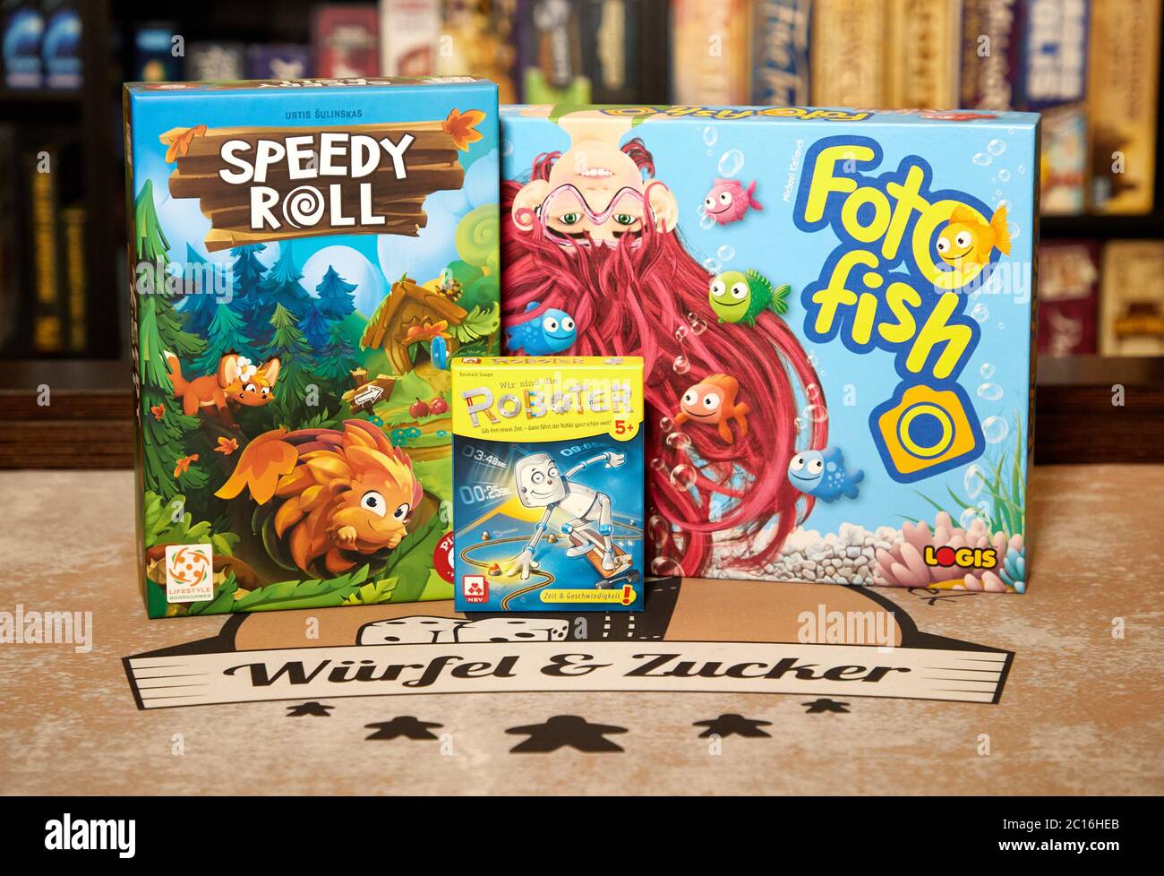 Hamburg, Germany. 14th June, 2020. The nominated games for the "Children's  Game of the Year 2020" (l-r), the skill game "Speedy Roll"  (Piatnik-Verlag), the assessment game "We are the Robots" (Nürnberger  Spielkarten-Verlag)