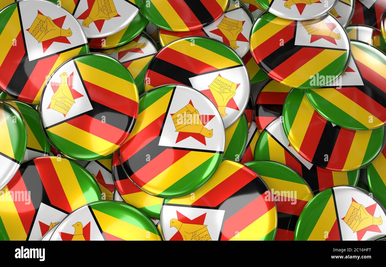 Zimbabwe Badges Background - Pile of zimbabwean Flag Buttons. Stock Photo