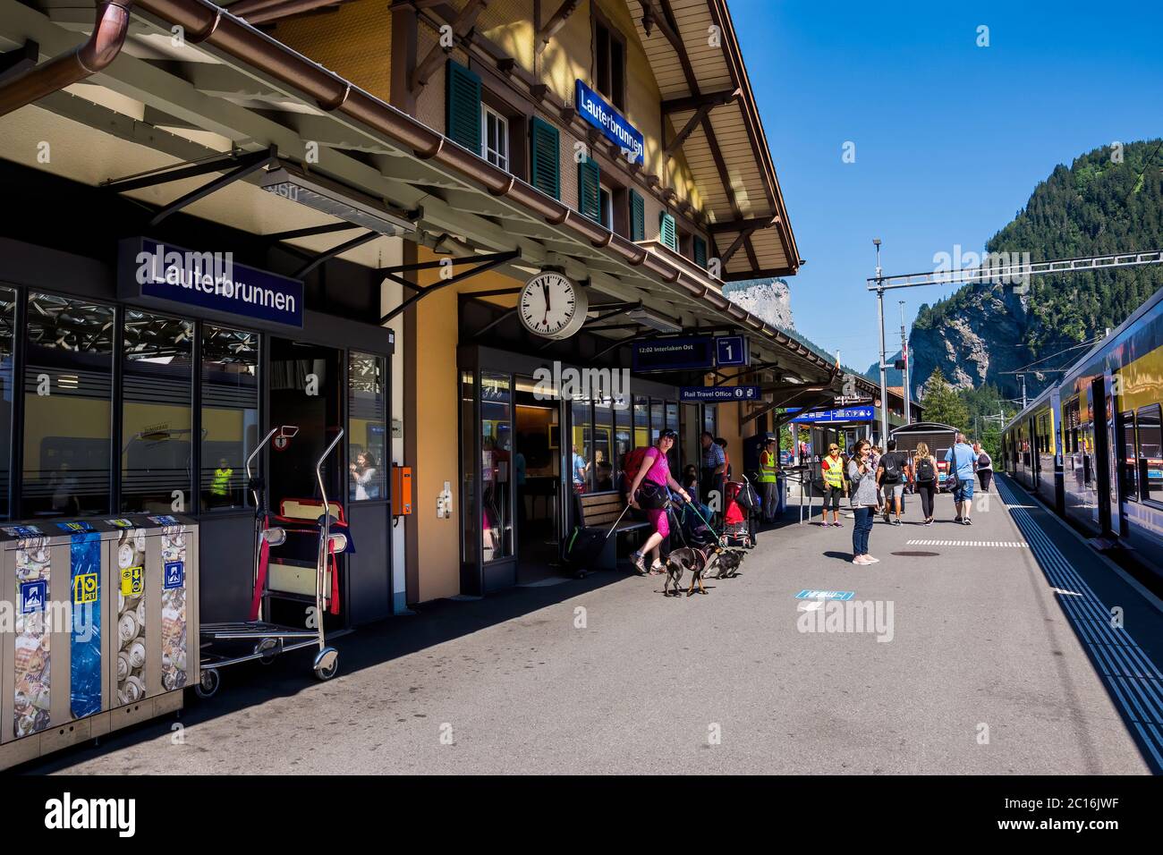 Railway station in  Lauterbrunnen village part of Bernese Highlands Railway to Grindelwald , Jungfrau region, Bernese Oberland, Switzerland. Stock Photo