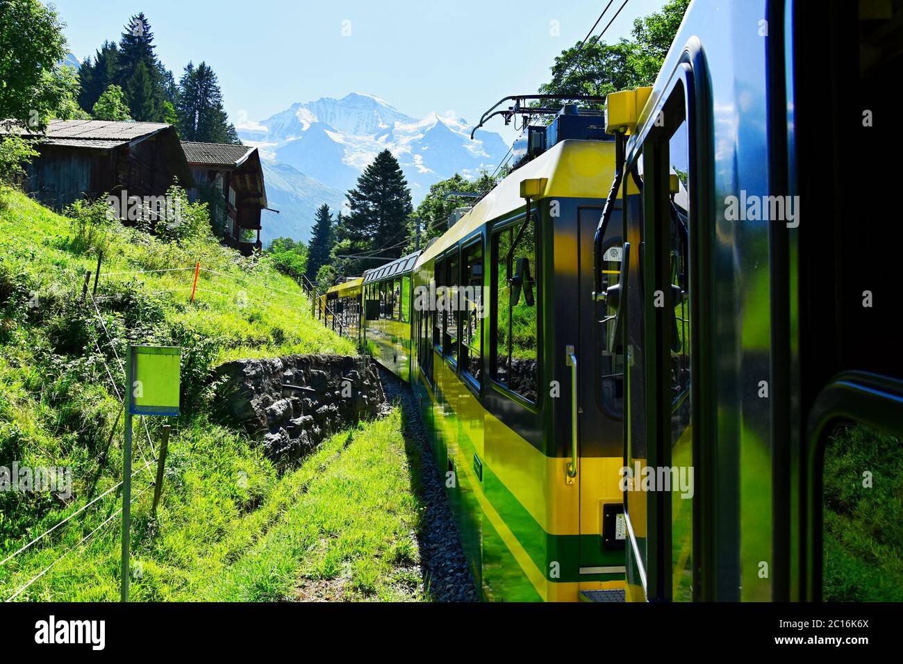 Yellow and green train - Bernese Highlands Railway, from Lauterbrunnen village to Grindelwald , Jungfrau region, Bernese Oberland, Switzerland Stock Photo